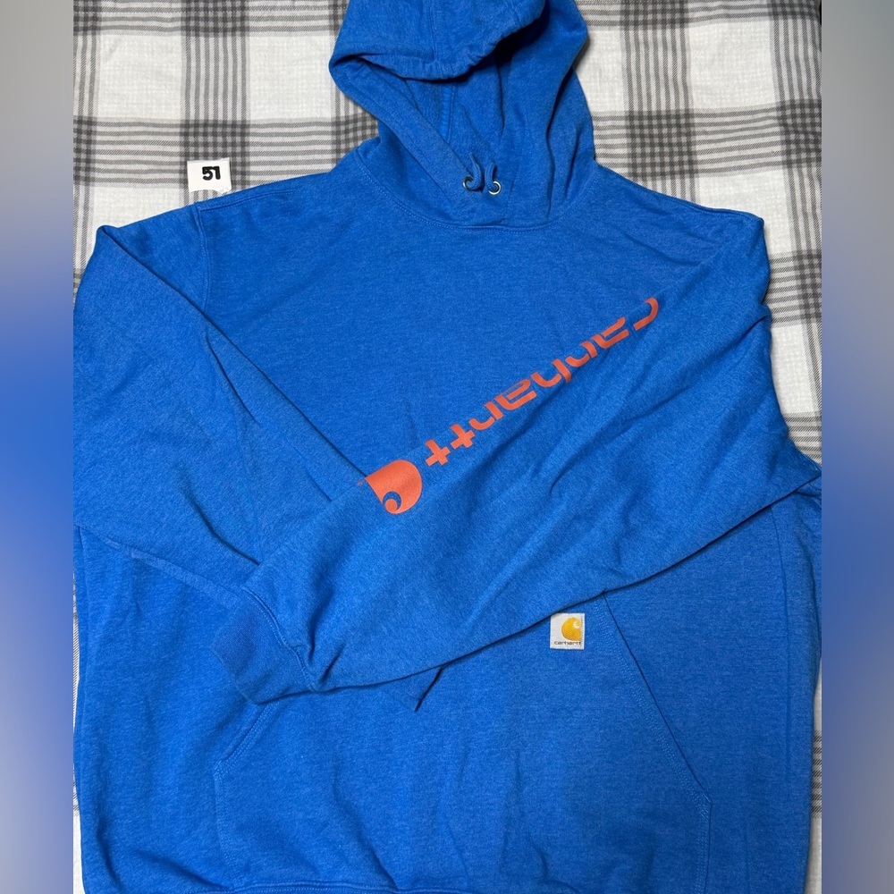 Carhartt Men's Bright Blue Hoodie with Orange Logo